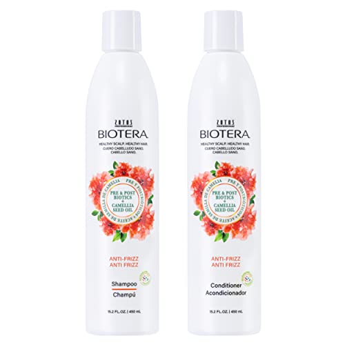 Biotera Anti-Frizz Smoothing Shampoo & Conditioner Set for Frizzy, Unruly Hair - Smooths & Controls Frizz with Coconut & Camellia Seed Oil, Enhances Shine & Softness, Color-Safe, Vegan, 15.2 Fl Oz