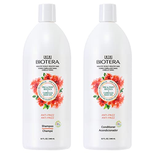 Biotera Anti-Frizz Smoothing Shampoo & Conditioner Set for Frizzy, Unruly Hair - Smooths & Controls Frizz with Coconut & Camellia Seed Oil, Enhances Shine & Softness, Color-Safe, Vegan, 32 Fl Oz