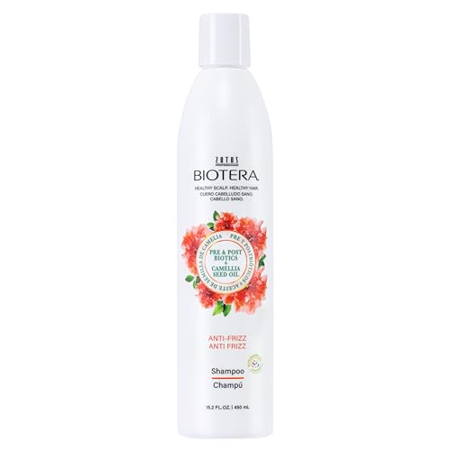 Biotera Anti-Frizz Smoothing Shampoo for Frizzy, Unruly Hair - Smooths & Controls Frizz with Coconut & Camellia Seed Oil, Enhances Shine & Softness, Color-Safe, Vegan, 15.2 Fl Oz