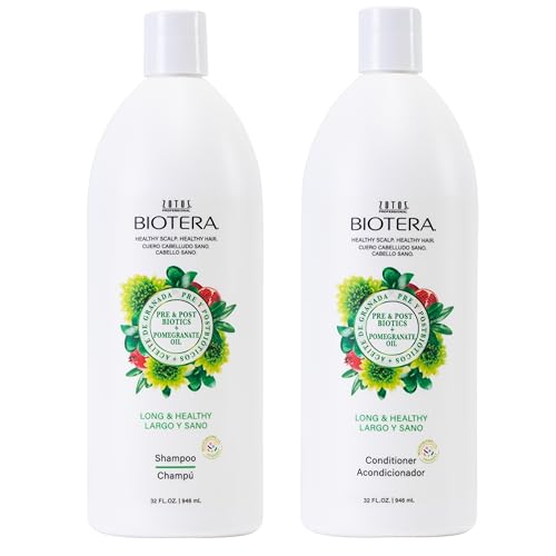 Biotera Strengthening Shampoo & Conditioner Set for Long, Growing Hair - Strengthens & Reduces Breakage with Coconut & Pomegranate Oil, Enhances Shine & Softness, Color-Safe, Vegan, 32 Fl Oz